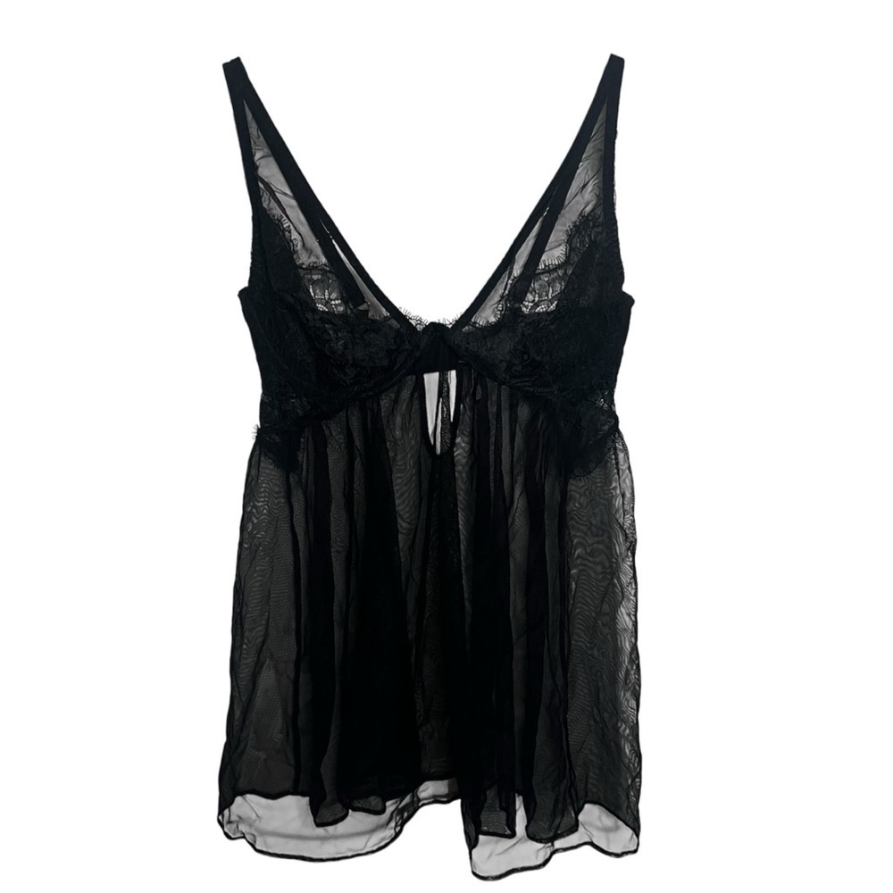 Victoria’s Secret Sheer Mesh Black Babydoll Teddy Bra Mini Dress Nightgown 36D
